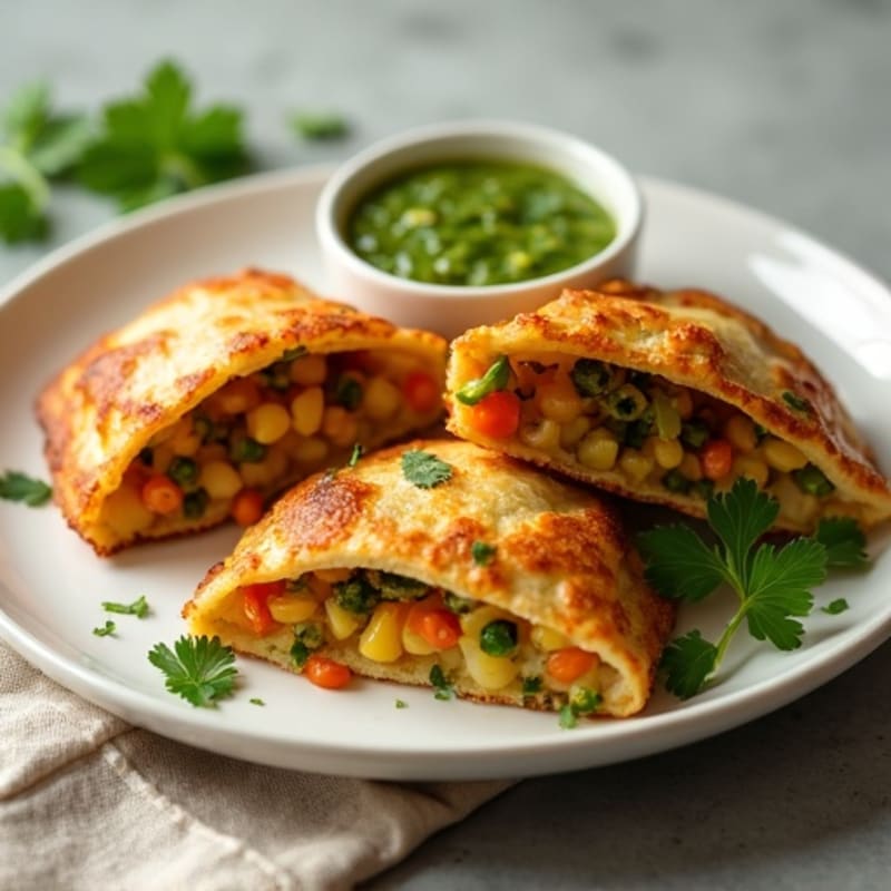 Crispy Baked Spiced Lentil and Potato Pockets with Fresh Cilantro Chutney