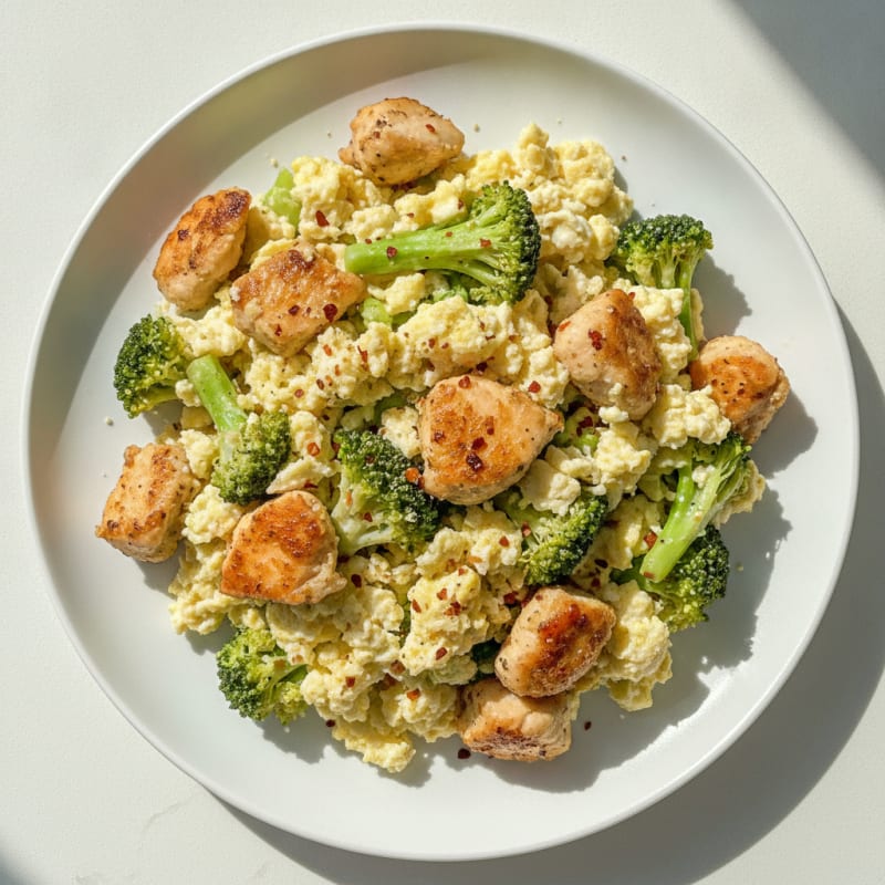 Egg White Scramble with Chicken Thighs and Broccoli