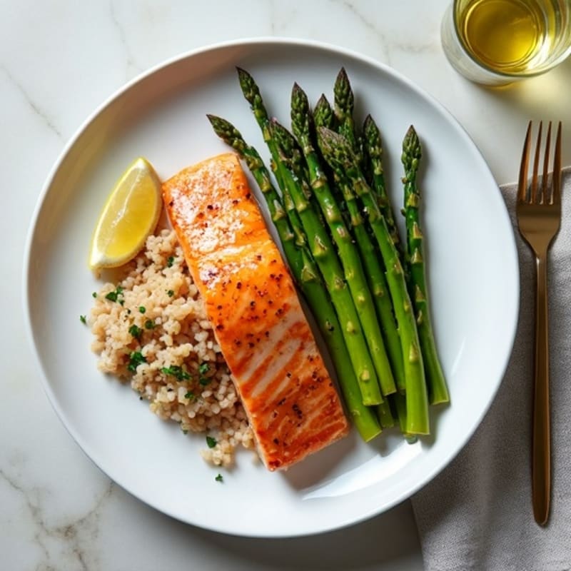 Seared Salmon with Steamed Asparagus and Brown Rice