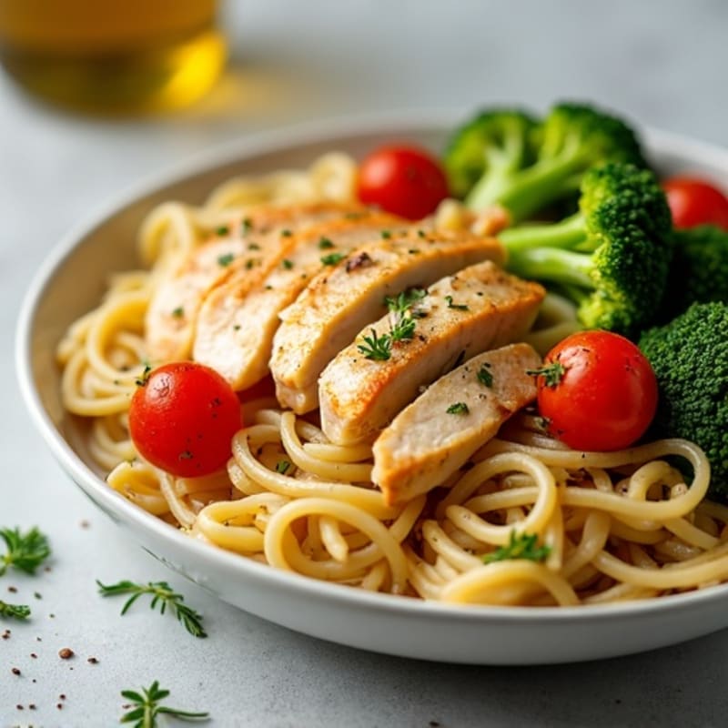 Lemon Garlic Chicken Pasta with Roasted Broccoli and Cherry Tomatoes