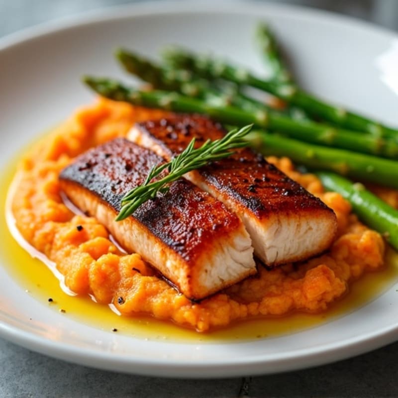 Seared Salmon Fillet with Roasted Asparagus and Sweet Potato Mash