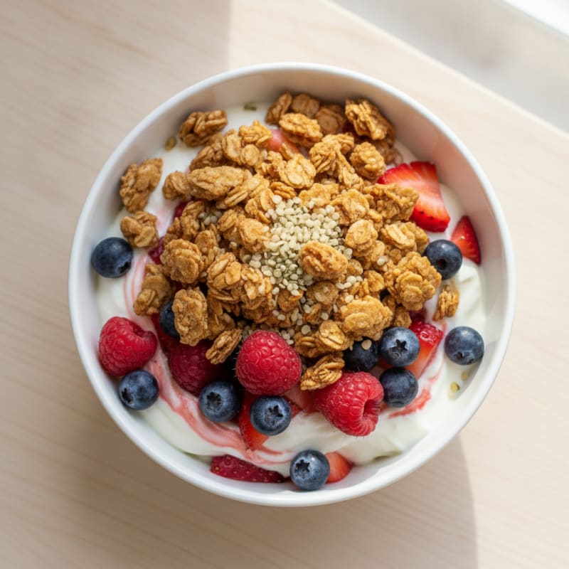 Greek Yogurt Parfait with Crunchy Almond Granola and Mixed Berries