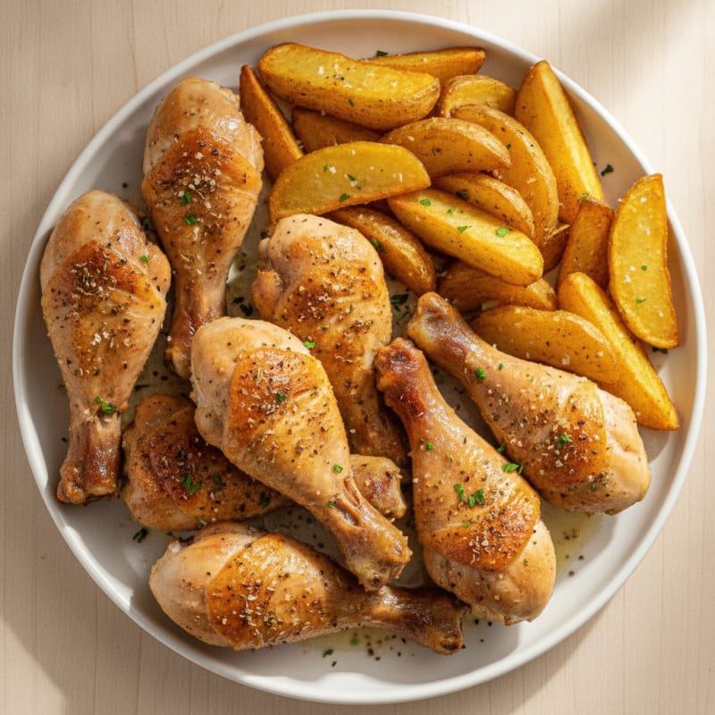 Baked Herb Drumsticks with Crispy Fries