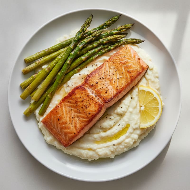 Seared Salmon with Roasted Asparagus and Cauliflower Mash