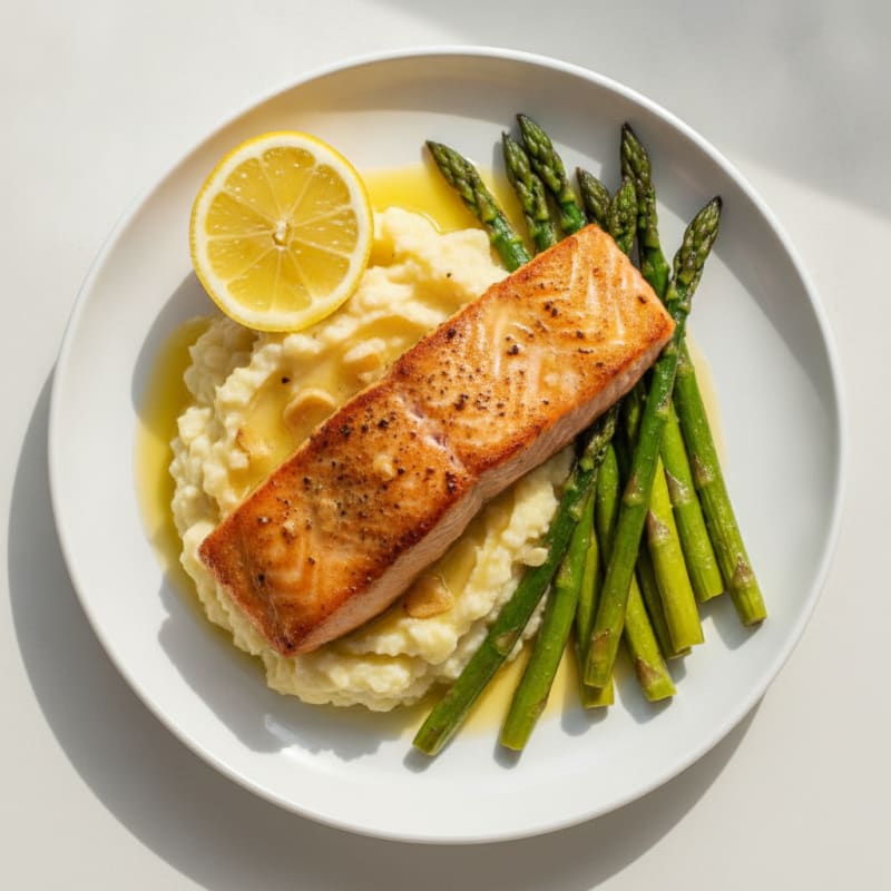 Seared Salmon with Roasted Asparagus and Garlic Mashed Cauliflower
