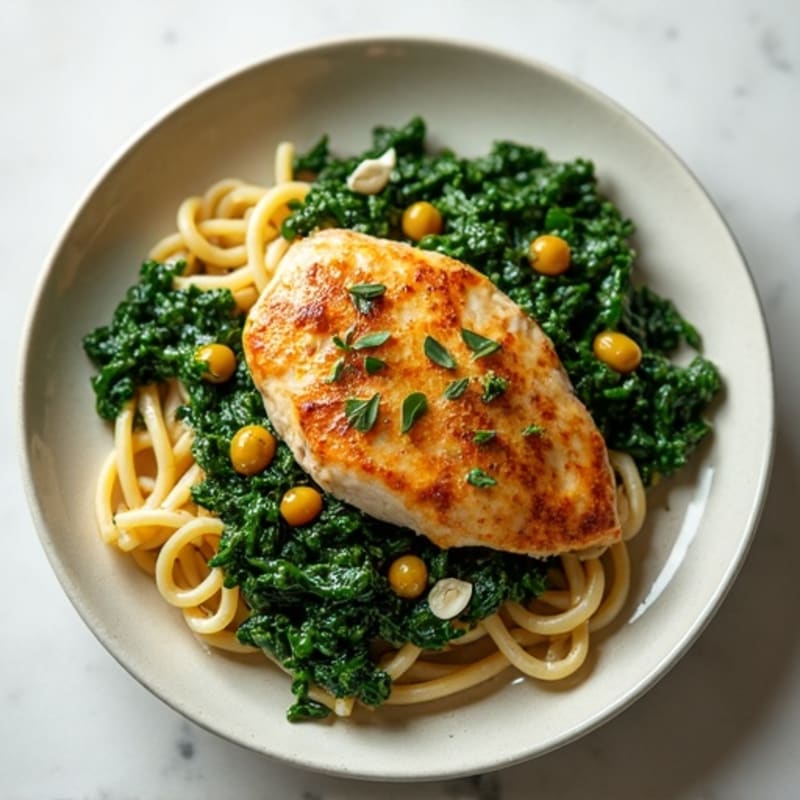 Herb-Roasted Chicken Breast with Garlic Spinach Pasta