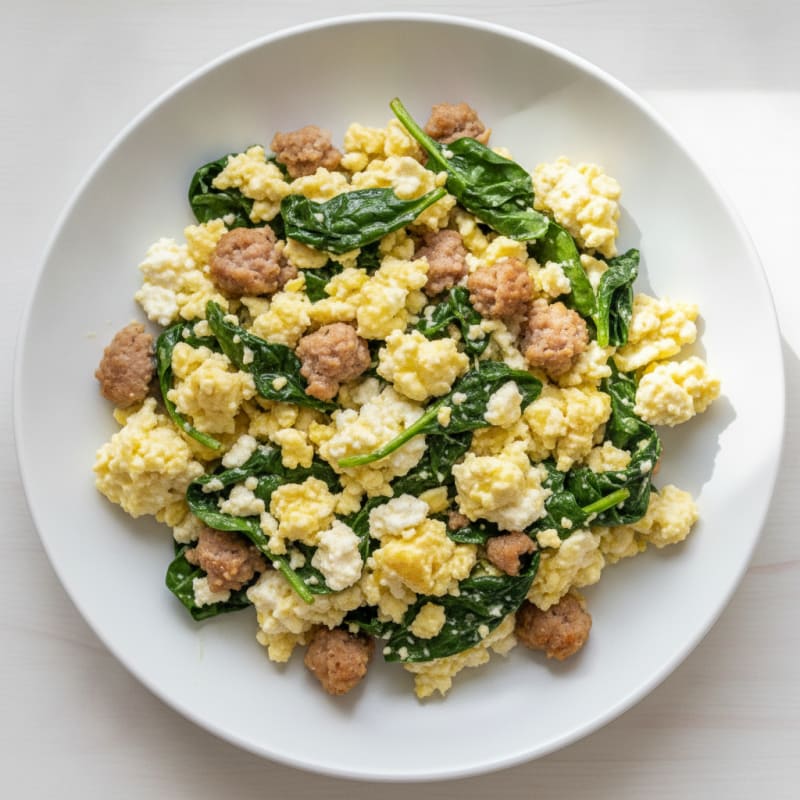 Cottage Cheese Scramble with Spinach and Turkey Sausage