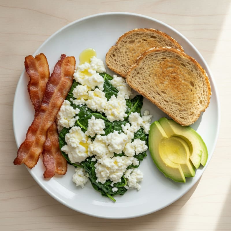 Egg White and Spinach Scramble with Cottage Cheese and Turkey Bacon