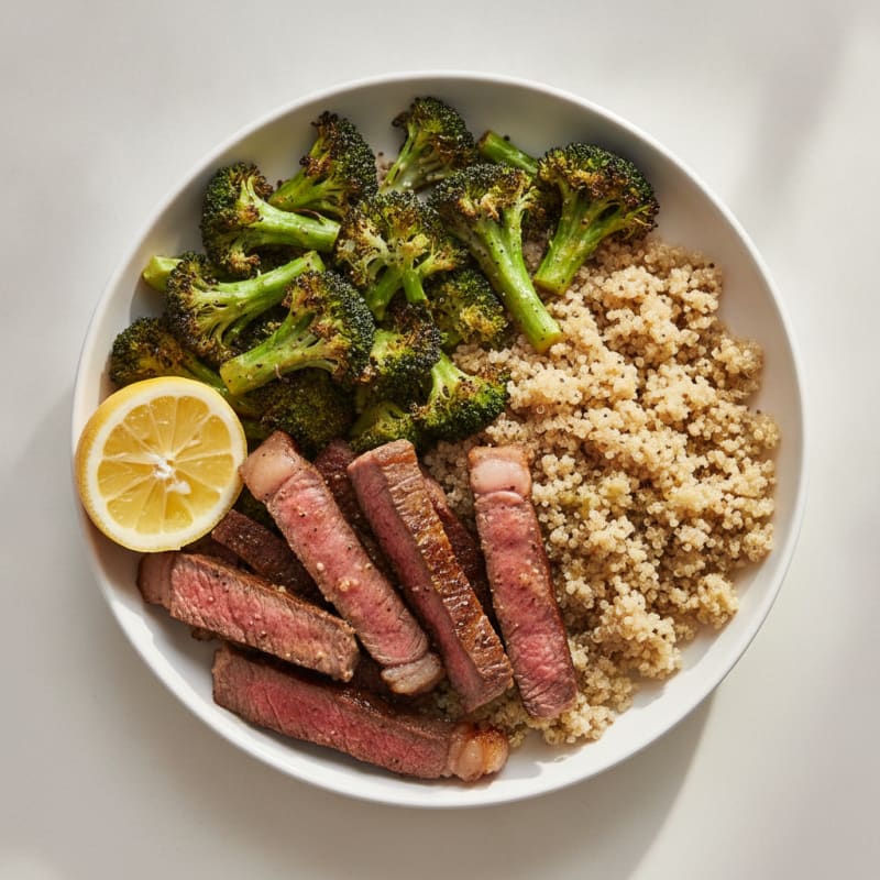 Seared Lean Beef Strips with Roasted Broccoli and Quinoa