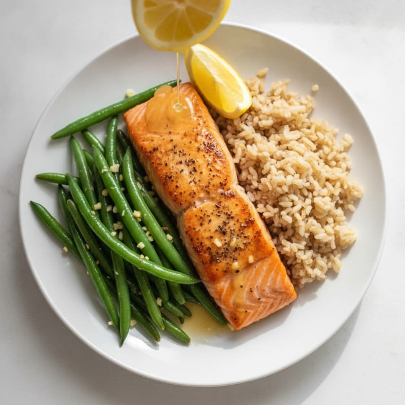 Seared Salmon with Garlic Green Beans and Brown Rice