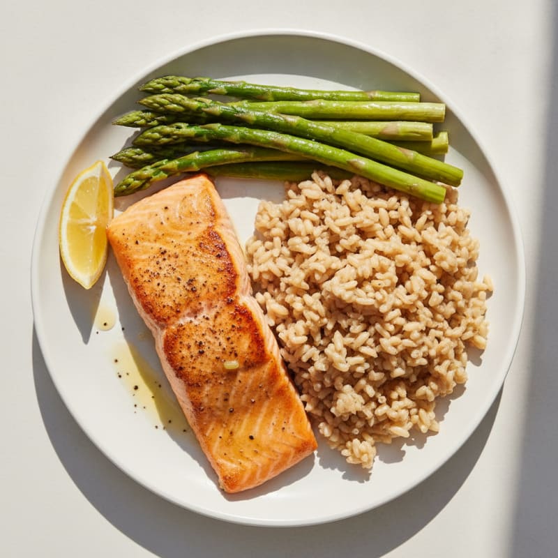Seared Salmon with Steamed Asparagus and Brown Rice