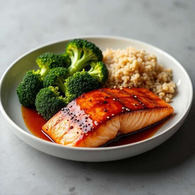 Teriyaki Glazed Salmon with Roasted Broccoli and Brown Rice