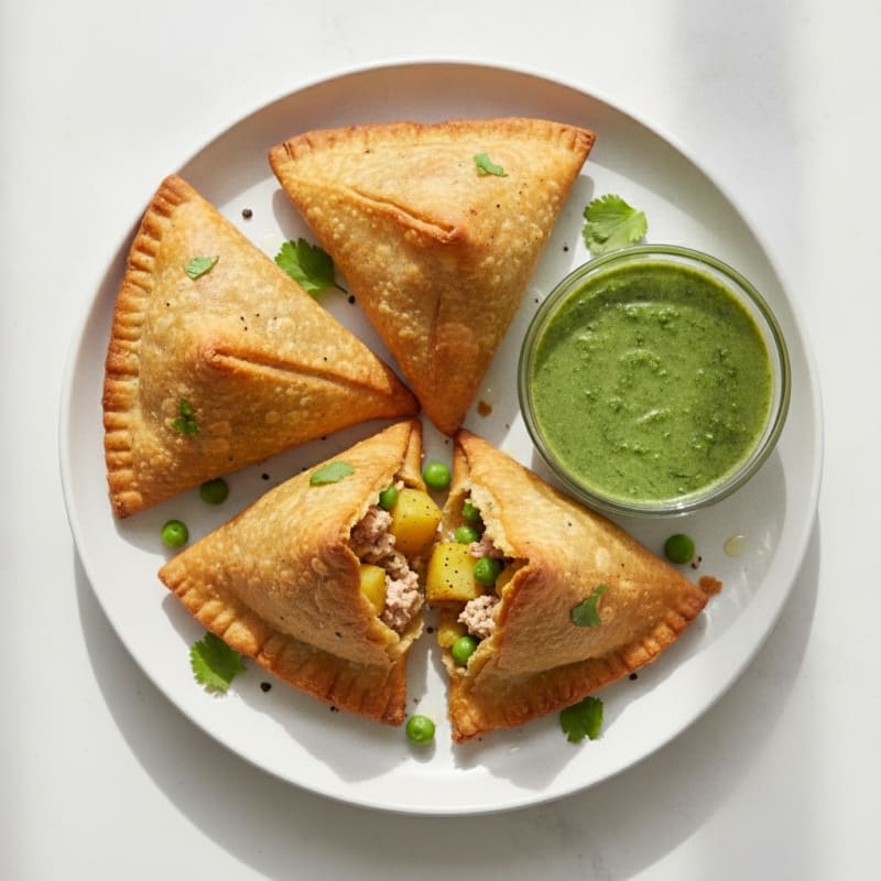Spiced Potato and Pea Samosas with Chutney