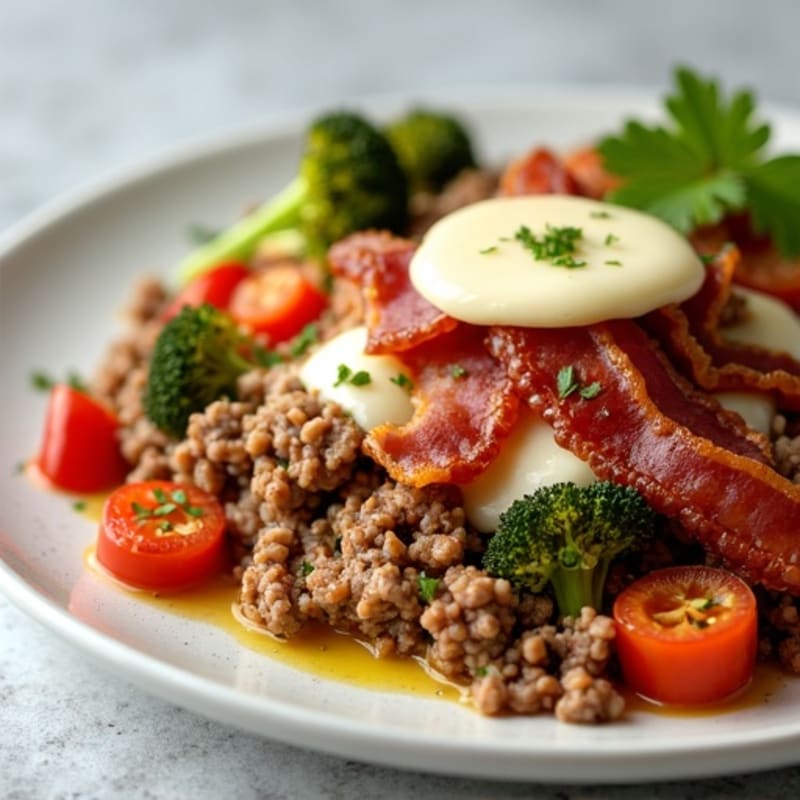 Lean Ground Beef and Crispy Turkey Bacon with Cheesy Roasted Vegetables
