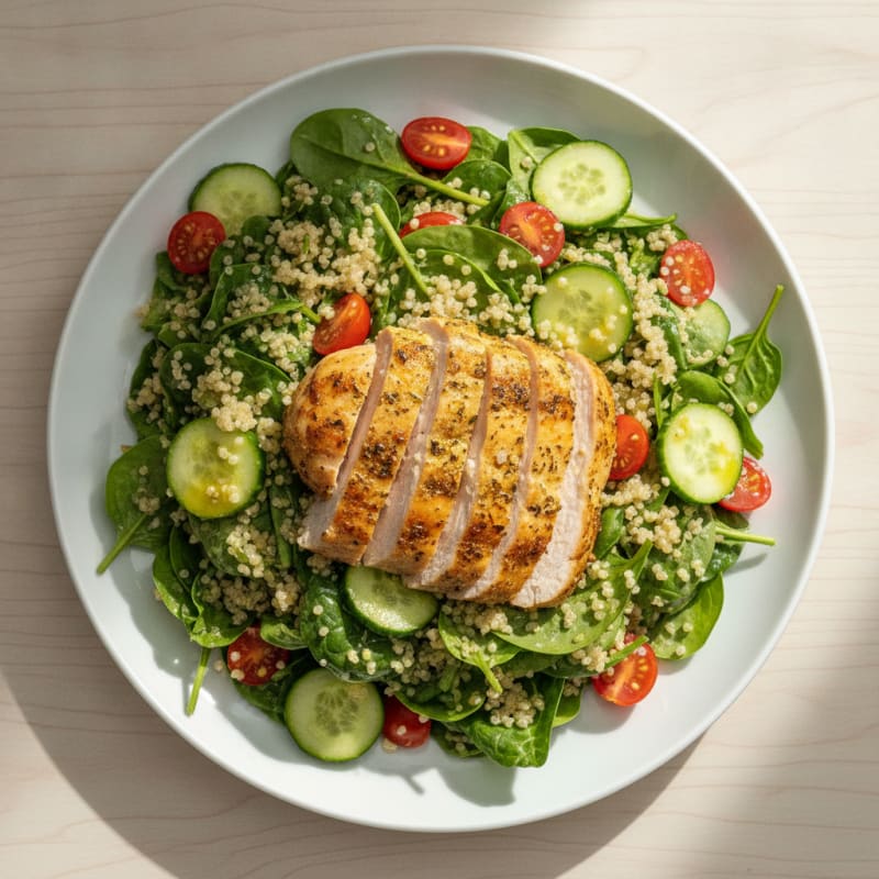 Herb-Roasted Turkey and Quinoa Salad with Fresh Spinach