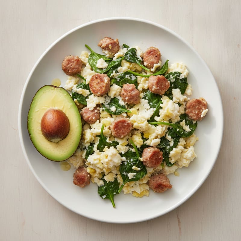Egg White and Turkey Sausage Scramble with Sautéed Spinach