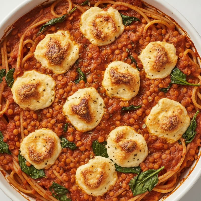 Hearty Lentil & Tomato Spaghetti Bake