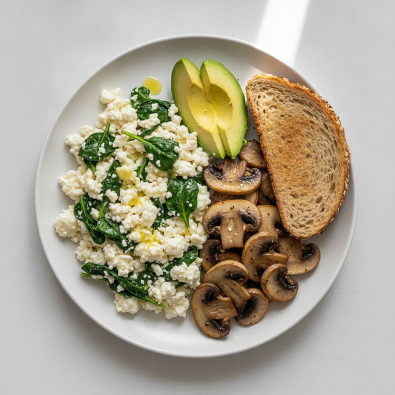 Egg White Spinach Scramble with Cottage Cheese and Sautéed Mushrooms