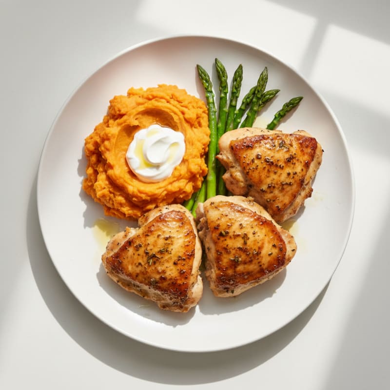 Oven-Baked Herb Chicken Thighs with Mashed Sweet Potatoes