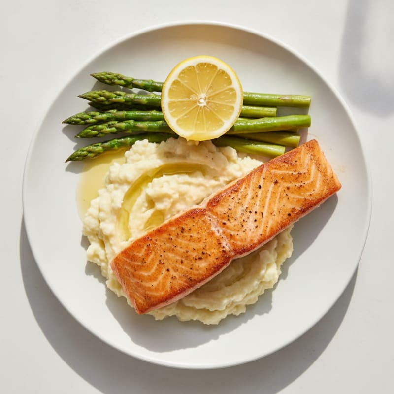Seared Salmon with Steamed Asparagus and Garlic Mashed Cauliflower