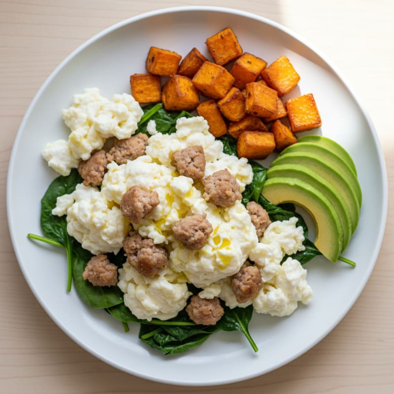 Egg White Scramble with Turkey Sausage and Sautéed Spinach