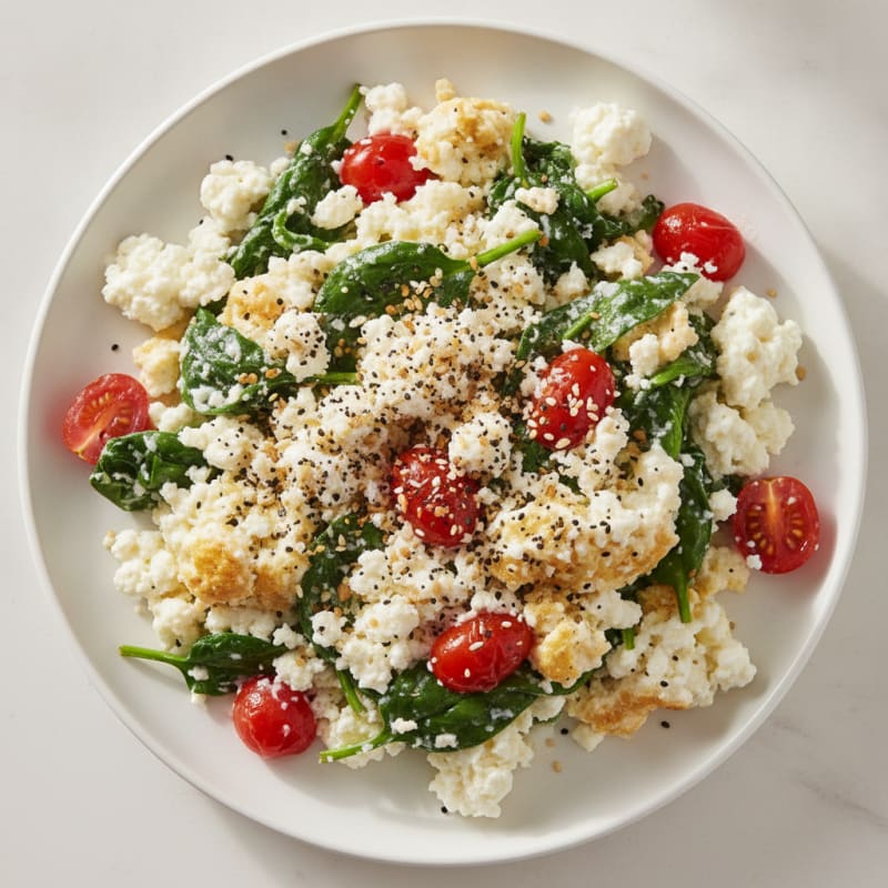 Egg White and Spinach Scramble with Cottage Cheese and Cherry Tomatoes
