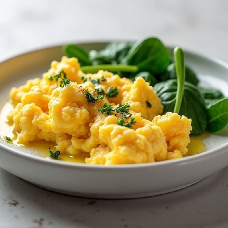 Fluffy Scrambled Eggs with Creamy Cottage Cheese and Fresh Spinach