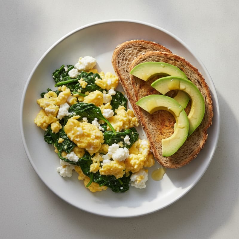 Scrambled Eggs with Cottage Cheese and Sautéed Spinach