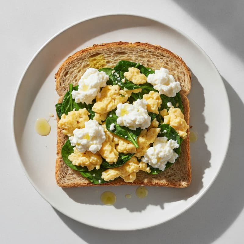 Scrambled Eggs with Spinach and Cottage Cheese on Whole Grain Toast