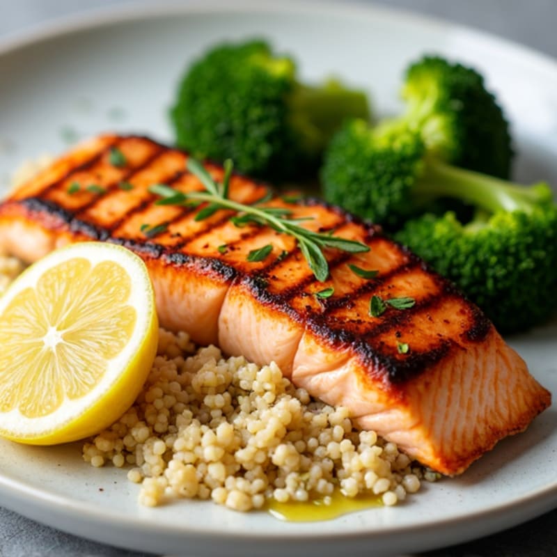 Grilled Salmon Fillet with Quinoa and Steamed Broccoli
