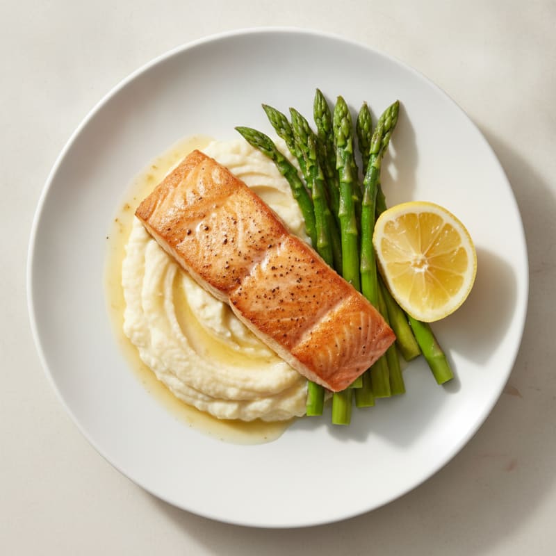 Seared Salmon with Steamed Asparagus and Cauliflower Mash