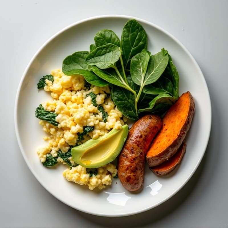 Egg White and Spinach Scramble with Turkey Sausage and Roasted Sweet Potato