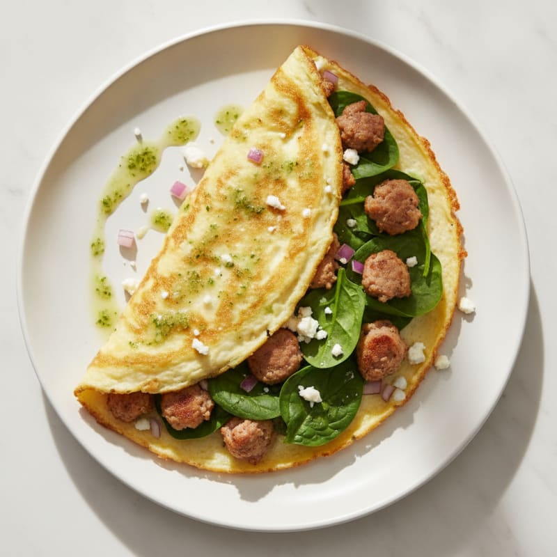 Crispy Egg White Omelet with Turkey Sausage and Spinach