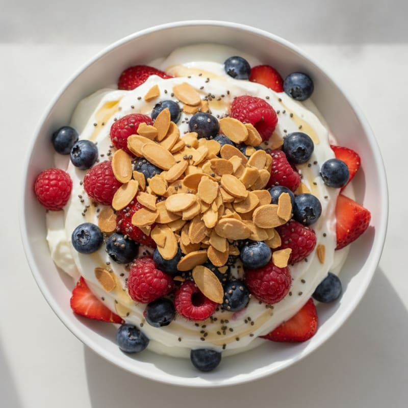 Greek Yogurt Protein Parfait with Mixed Berries and Almonds