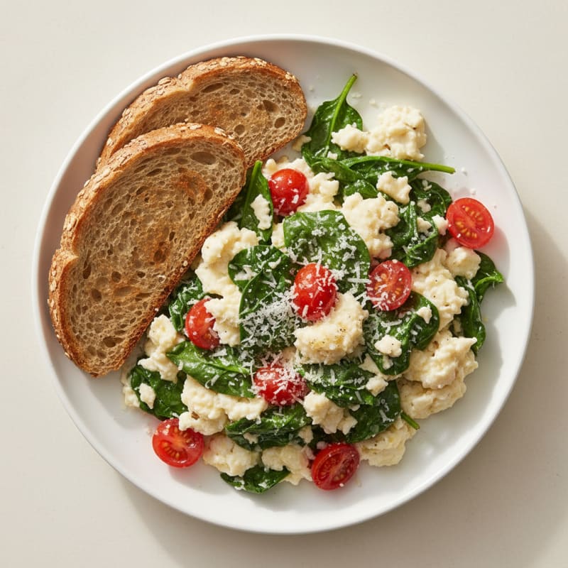 Egg White and Spinach Scramble with Parmesan and Cherry Tomatoes
