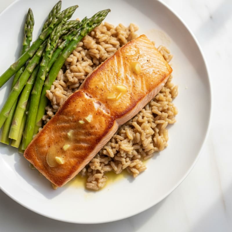 Seared Salmon with Steamed Asparagus and Brown Rice