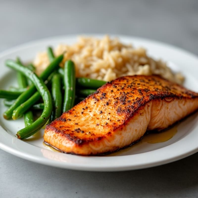 Seared Salmon Fillet with Garlic Green Beans and Brown Rice