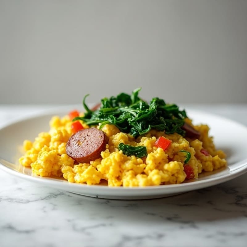 Egg White Scramble with Turkey Sausage and Sautéed Spinach