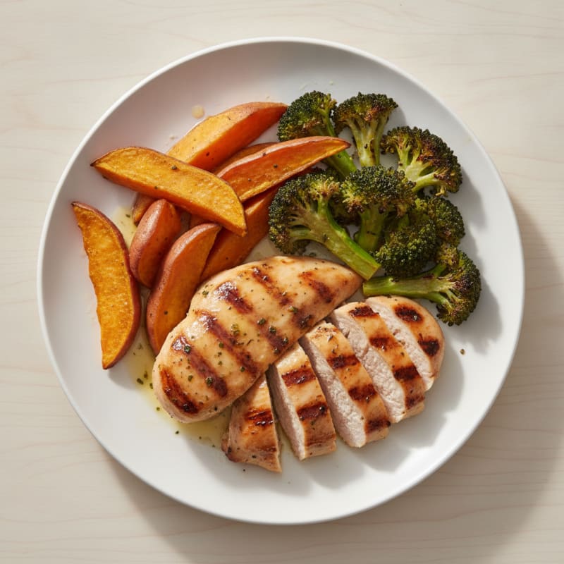 Grilled Chicken Breast with Roasted Sweet Potato and Broccoli