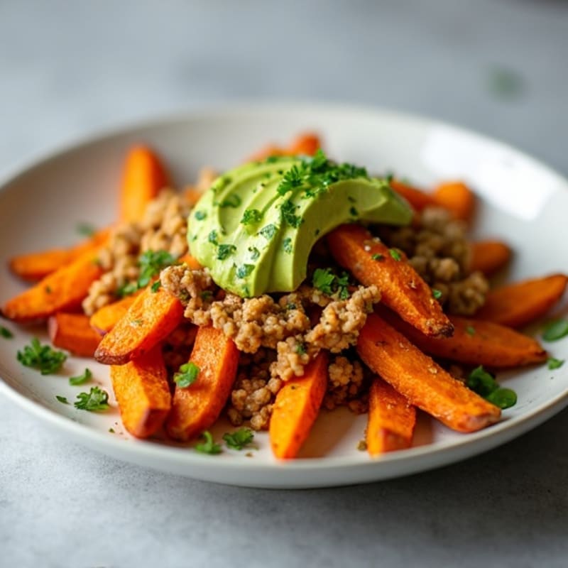 Crispy Sweet Potato Fries with Spiced Turkey and Avocado Drizzle