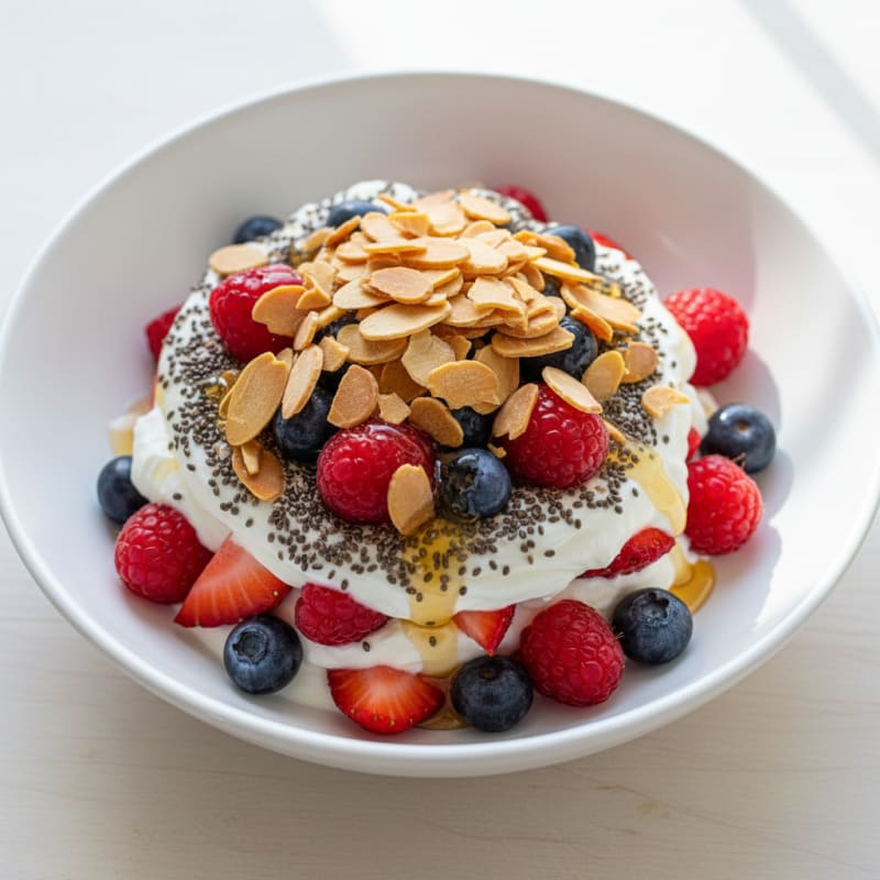 Greek Yogurt Parfait with Chia Seeds, Berries, and Toasted Almonds