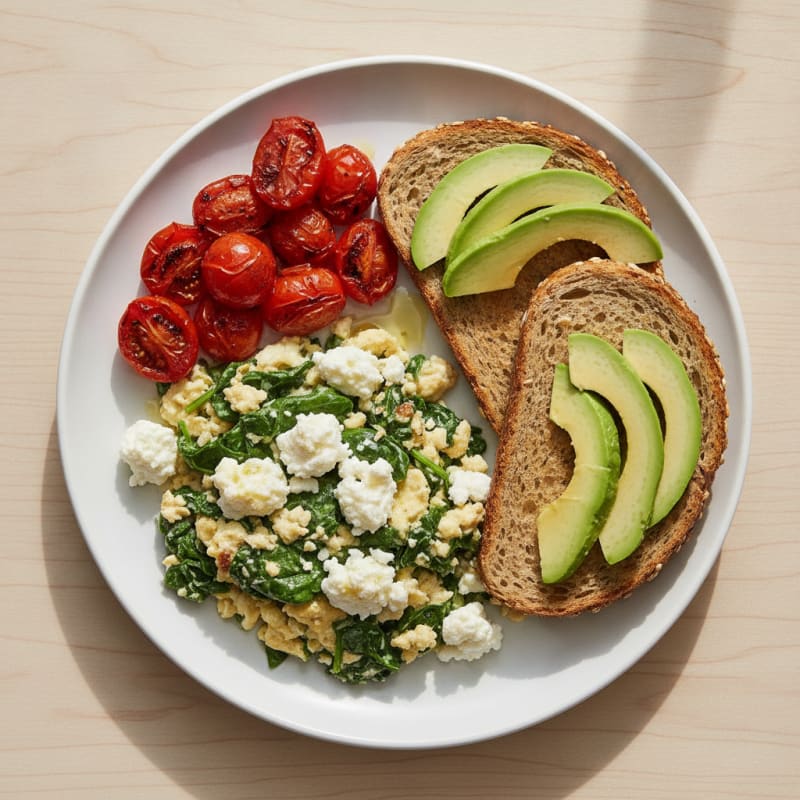 Egg White Spinach Scramble with Cottage Cheese and Cherry Tomatoes