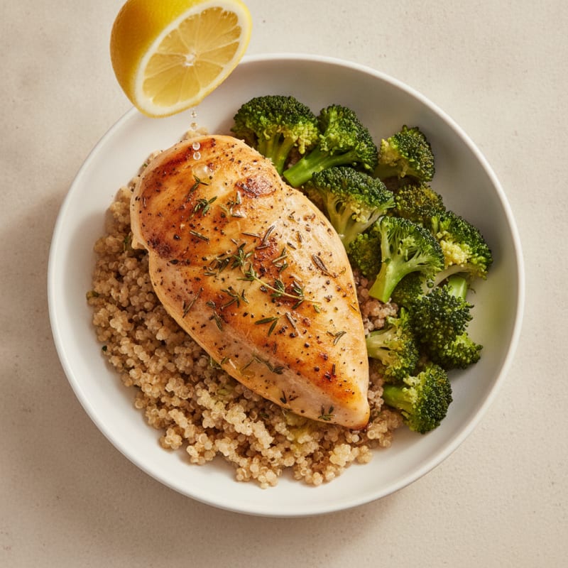 Herb-Roasted Chicken Breast with Steamed Broccoli and Quinoa