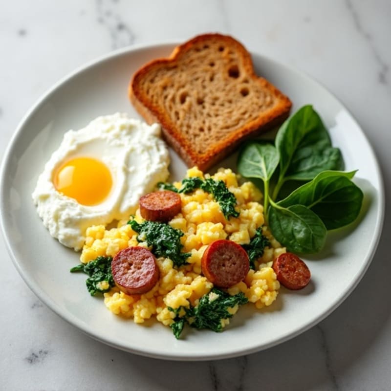 Egg White and Turkey Sausage Scramble with Spinach, Cottage Cheese & Toast