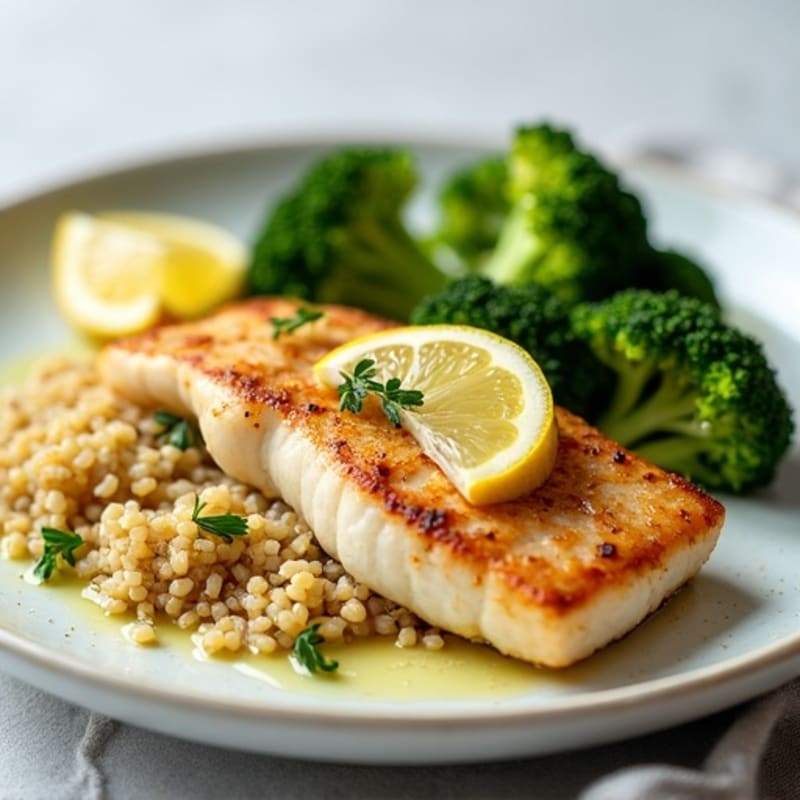 Seared Tilapia with Steamed Broccoli, Quinoa and Lemon