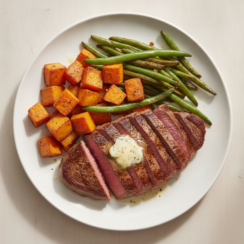 Seared Sirloin Steak with Roasted Sweet Potatoes and Green Beans
