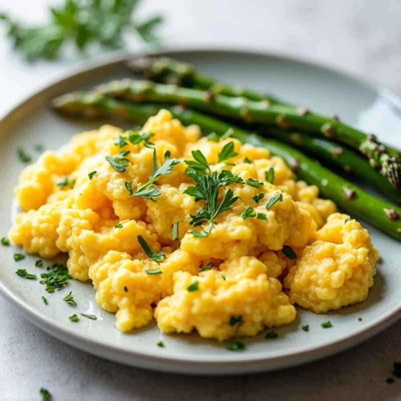 Fluffy Scrambled Eggs with Fresh Herbs and Roasted Asparagus
