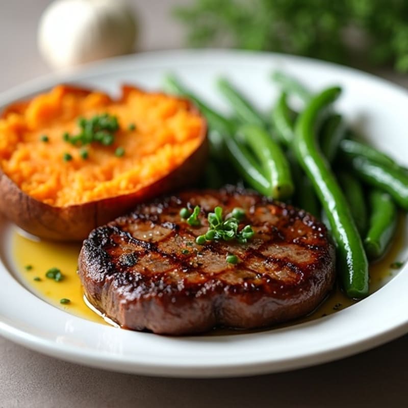 Seared Lean Beef Steak with Garlic Green Beans and Baked Sweet Potato