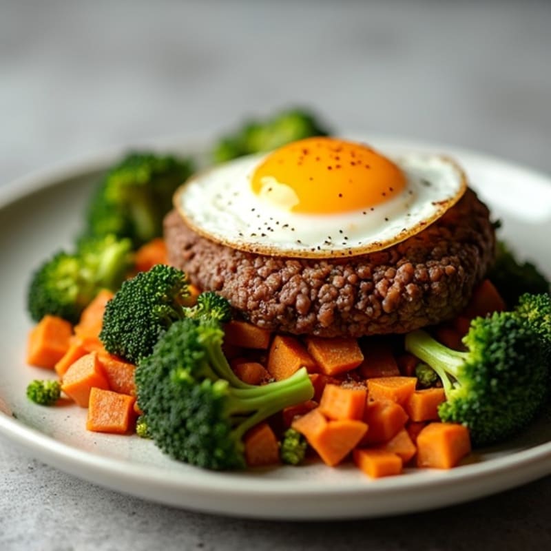 Lean Ground Beef and Crispy Roasted Broccoli with Sweet Potato Hash