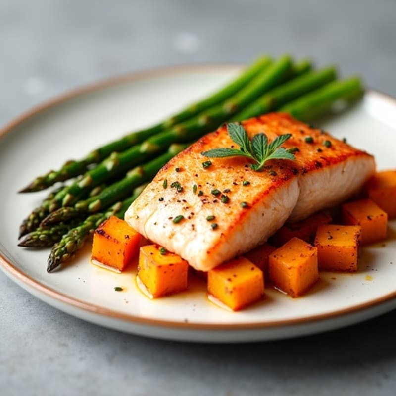 Seared Salmon with Roasted Sweet Potato Cubes and Asparagus